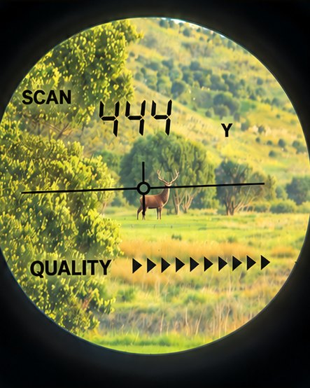 View through a laser rangefinder reading 444 yards to a stag on a grassy hillside