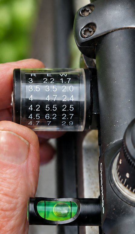 A RealShot reel held between finger and thumb beside a rifle scope, showing printed range, elevation and wind columns